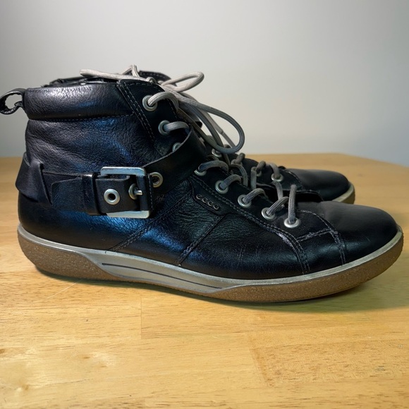Ecco Other - ECCO Soft Black Leather Lace Up Side Zip Ankle Hi-Top Men's Shoes EU 39 Buckle